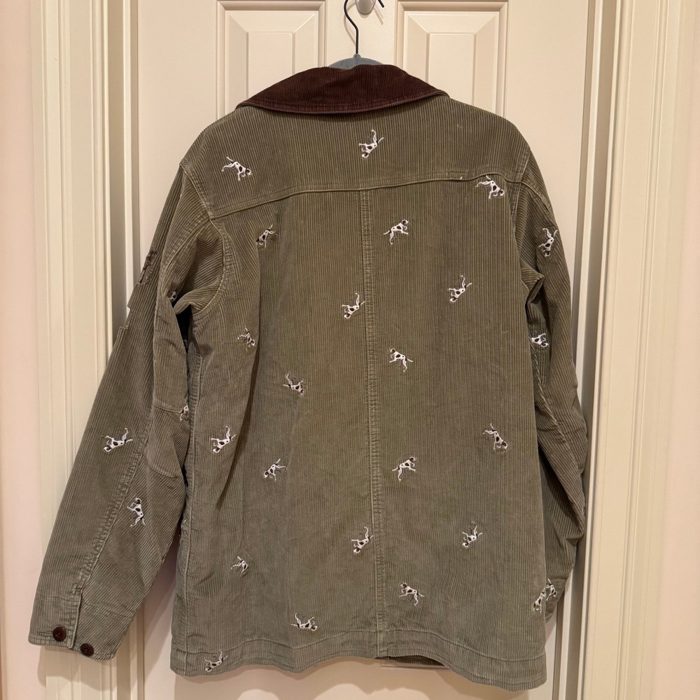 LL Bean Barn Jacket Womens M Green Corduroy Embroidered Dog Field Coat Read - Picture 7 of 8